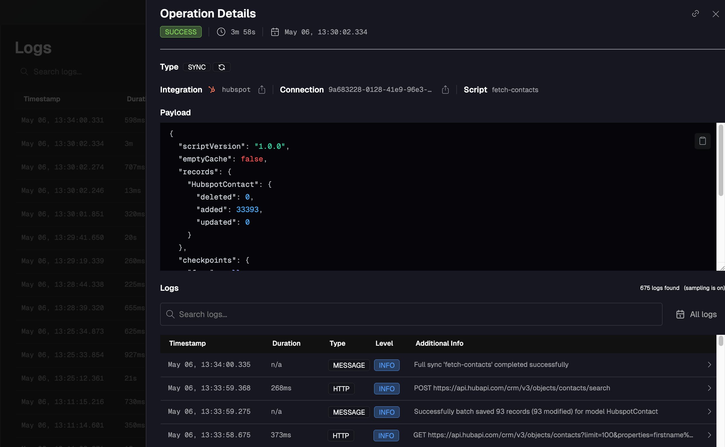 nango dashboard hubspot sync runs logs