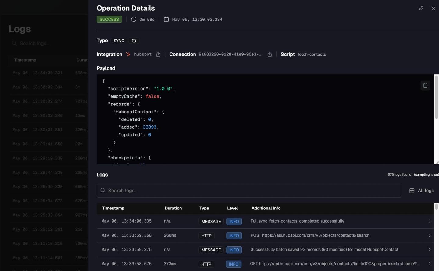 nango dashboard hubspot sync runs logs
