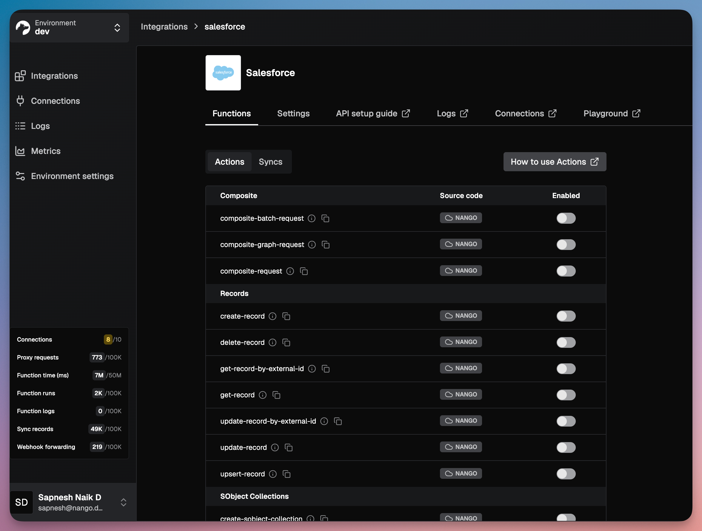 nango dashboard salesforce pre built actions