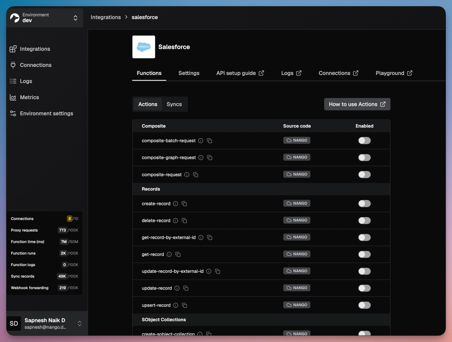 nango dashboard salesforce pre built actions