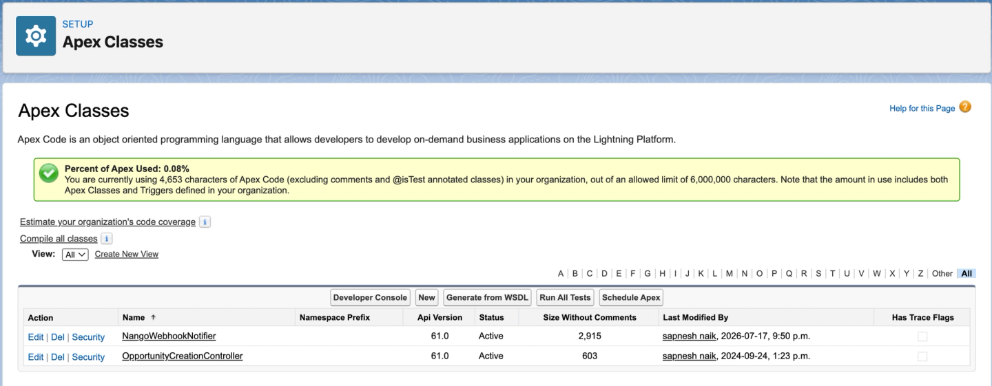 salesforce apex classes deployed