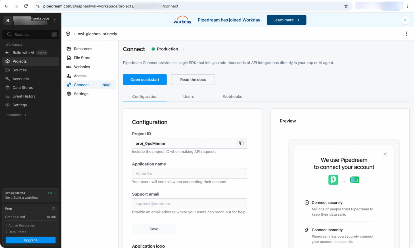pipedream connect configuration dashboard
