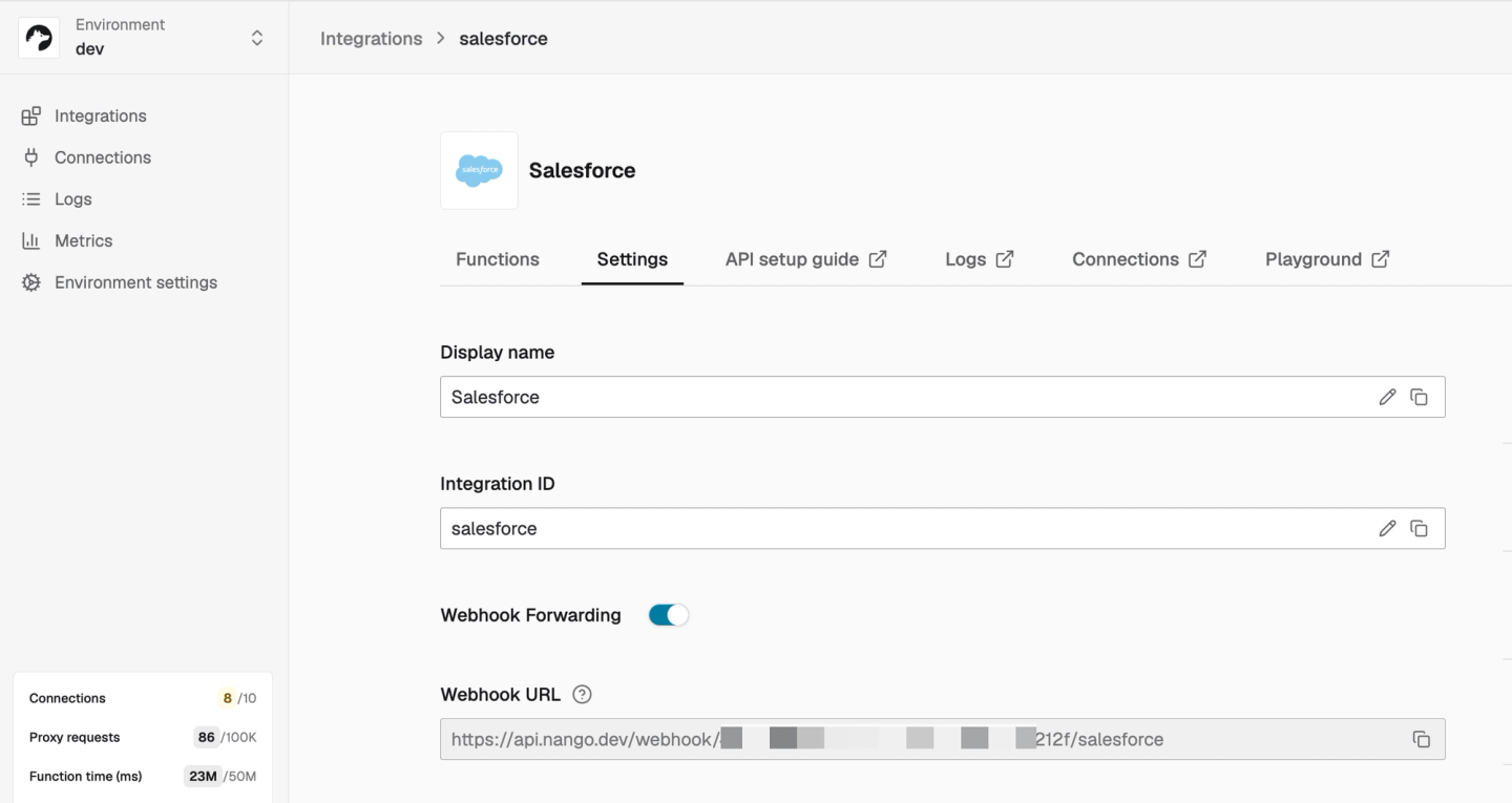 nango salesforce integration webhook url