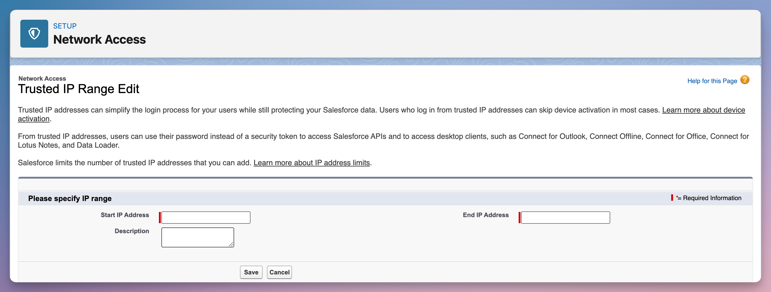 salesforce network access trusted ip range