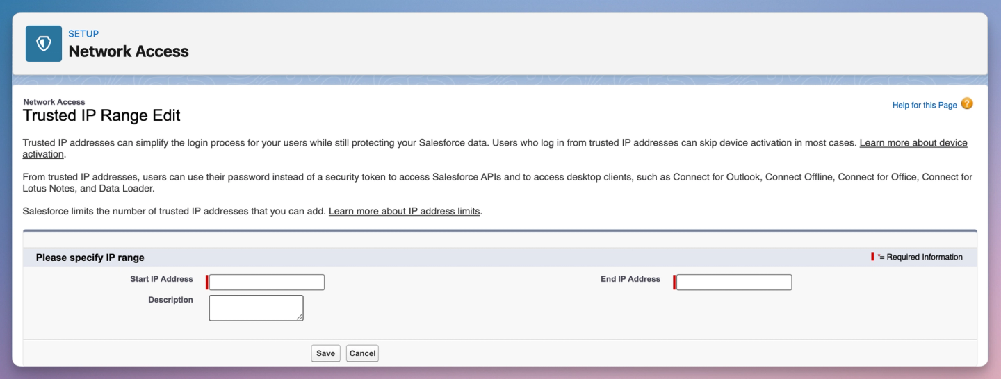 salesforce network access trusted ip range