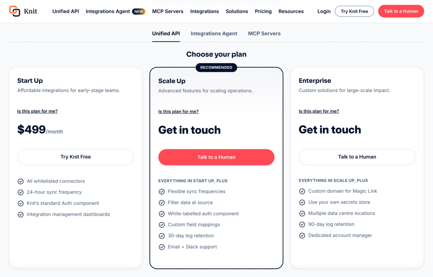 knit unified api pricing plans
