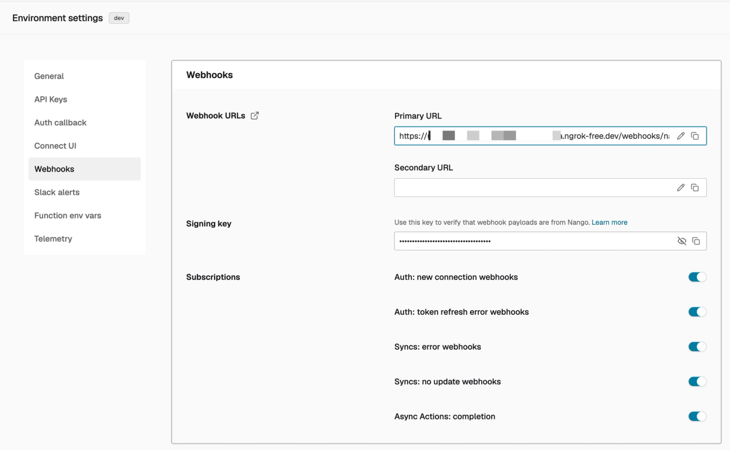 nango environment webhook settings