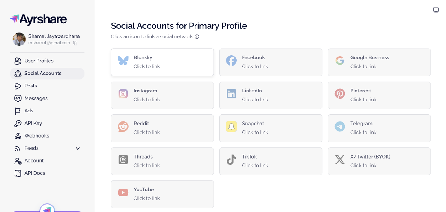 ayrshare unified social media api dashboard