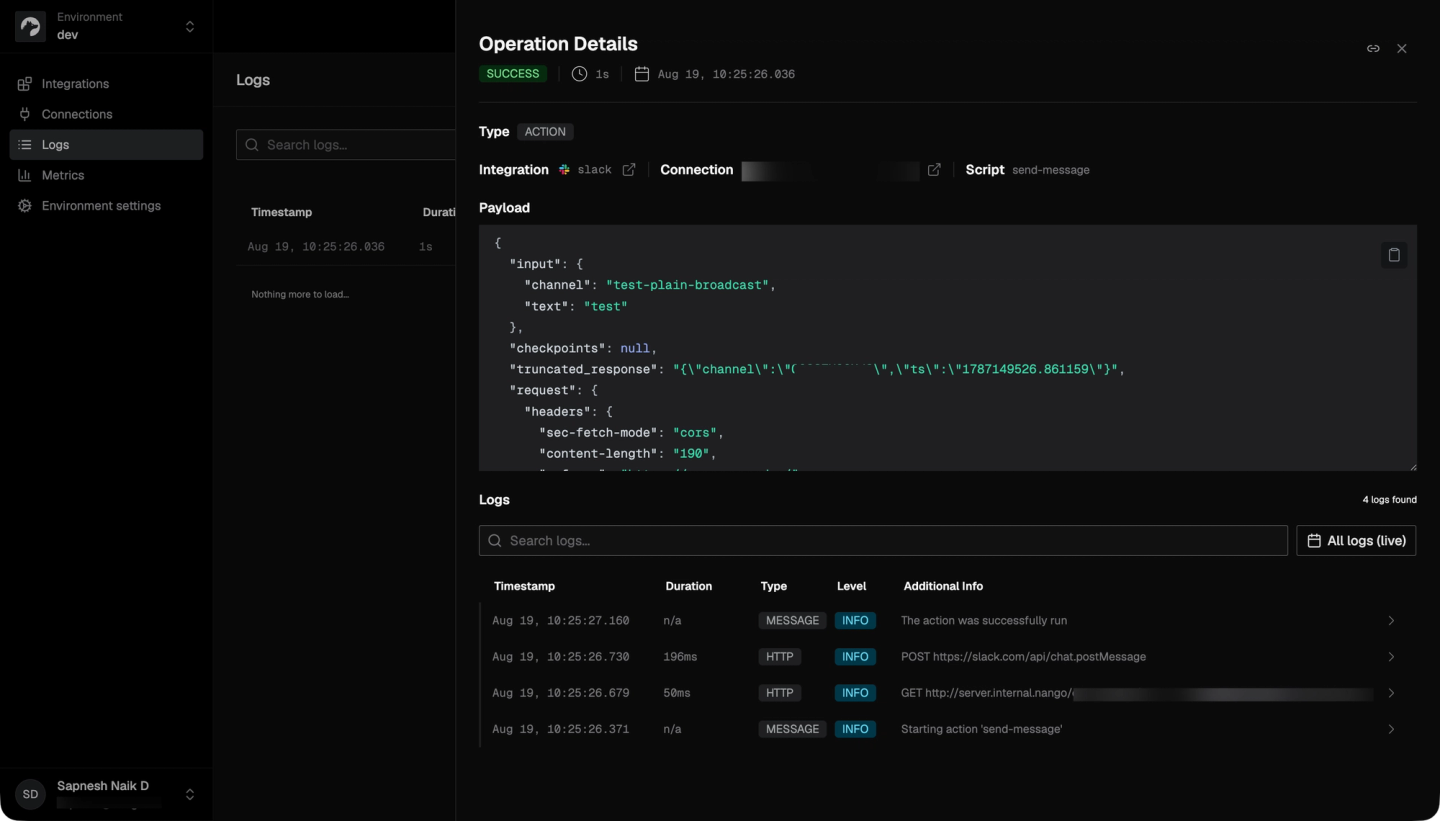 nango slack action execution log
