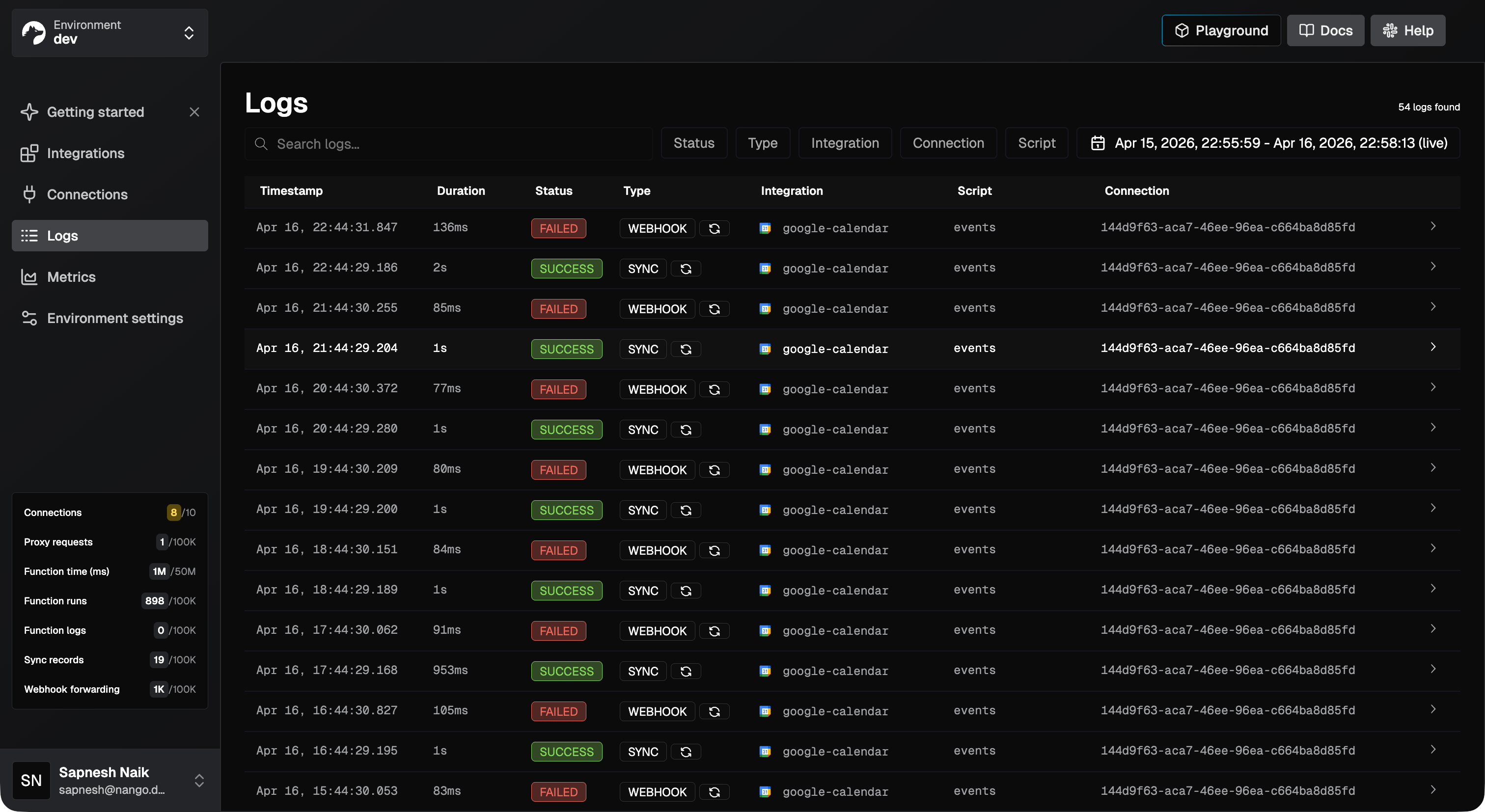nango observability logs dashboard