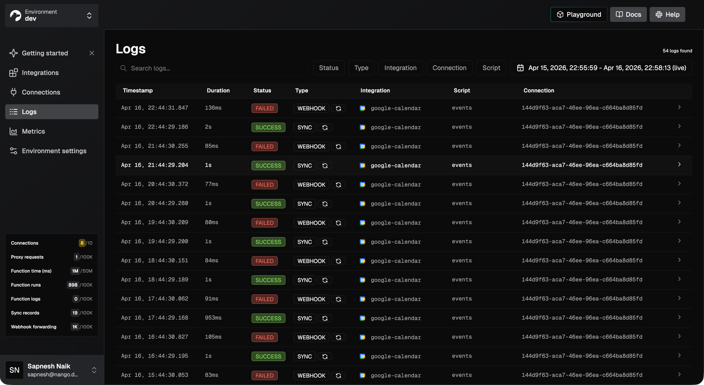 nango observability logs dashboard