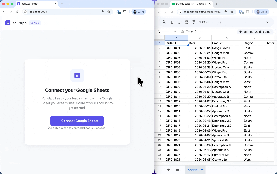 yourapp connect google sheet sync