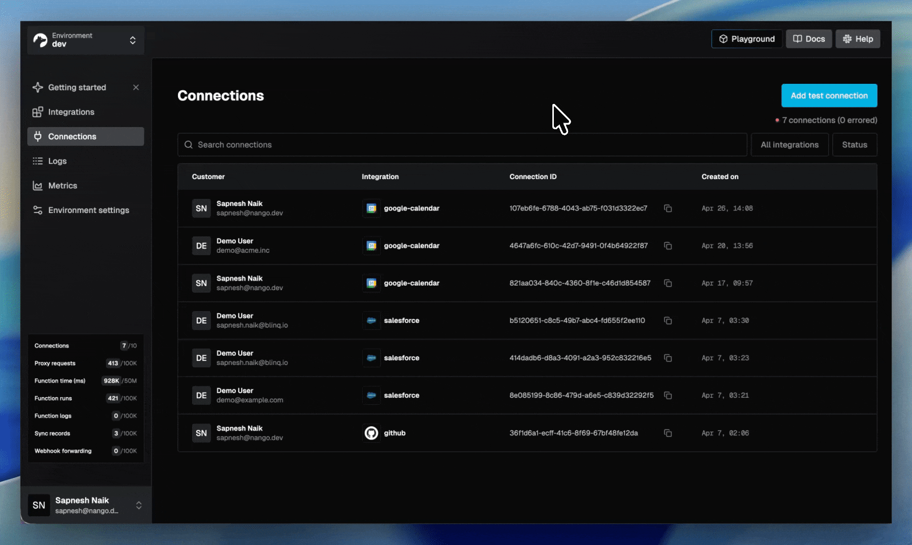 add hubspot test connection nango dashboard