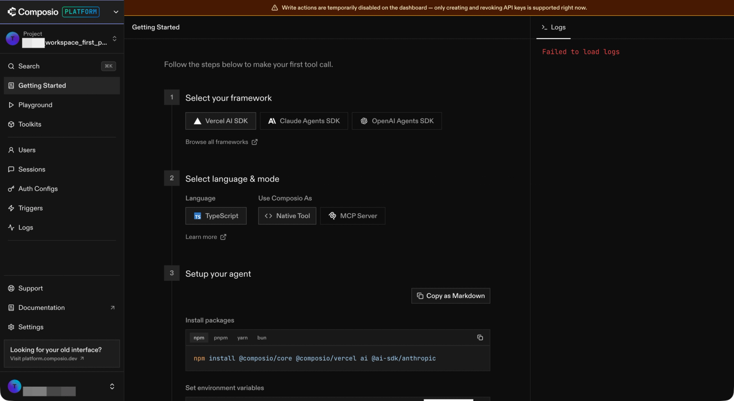 composio platform dashboard getting started