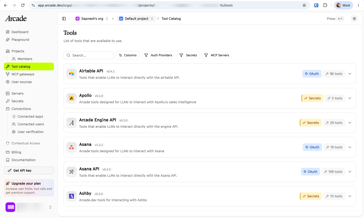 arcade tool catalog auth methods