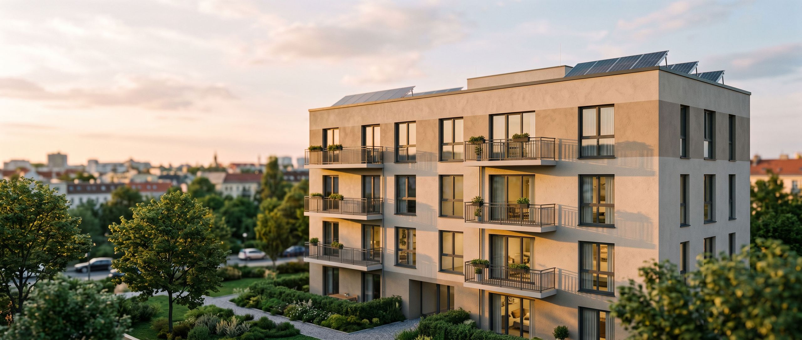 Condominio riqualificato al tramonto con facciata coibentata e pannelli fotovoltaici in copertura, intervento in Energy Performance Contract
