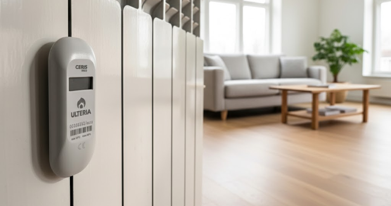 Ripartitore di calore di altra marca su radiatore in soggiorno, gestito in subentro da Ulteria