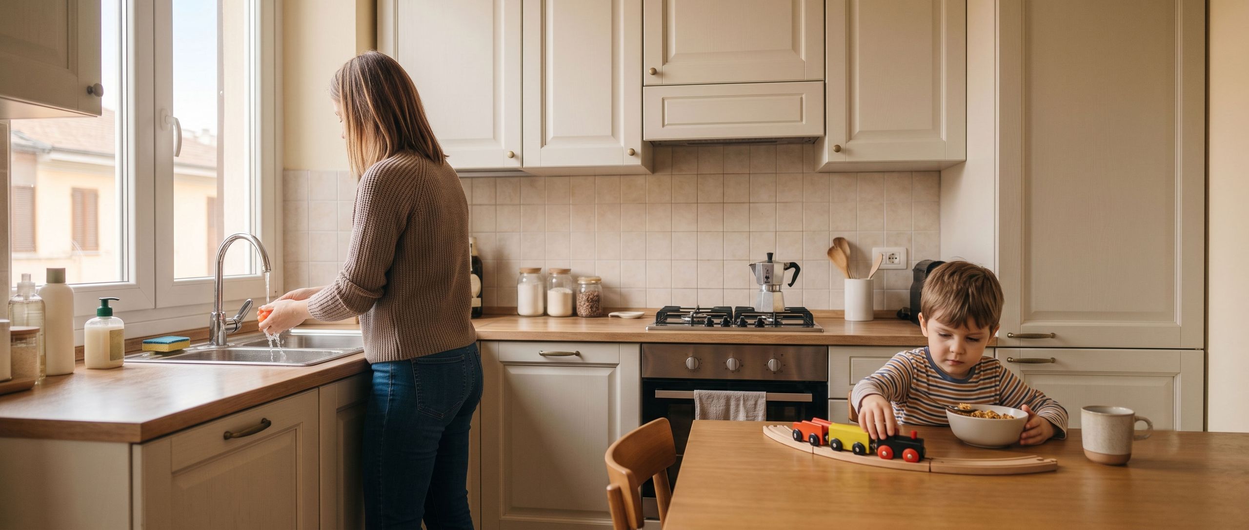 Famiglia in cucina, mamma al lavello e bambino a tavola, uso quotidiano dell'acqua sanitaria
