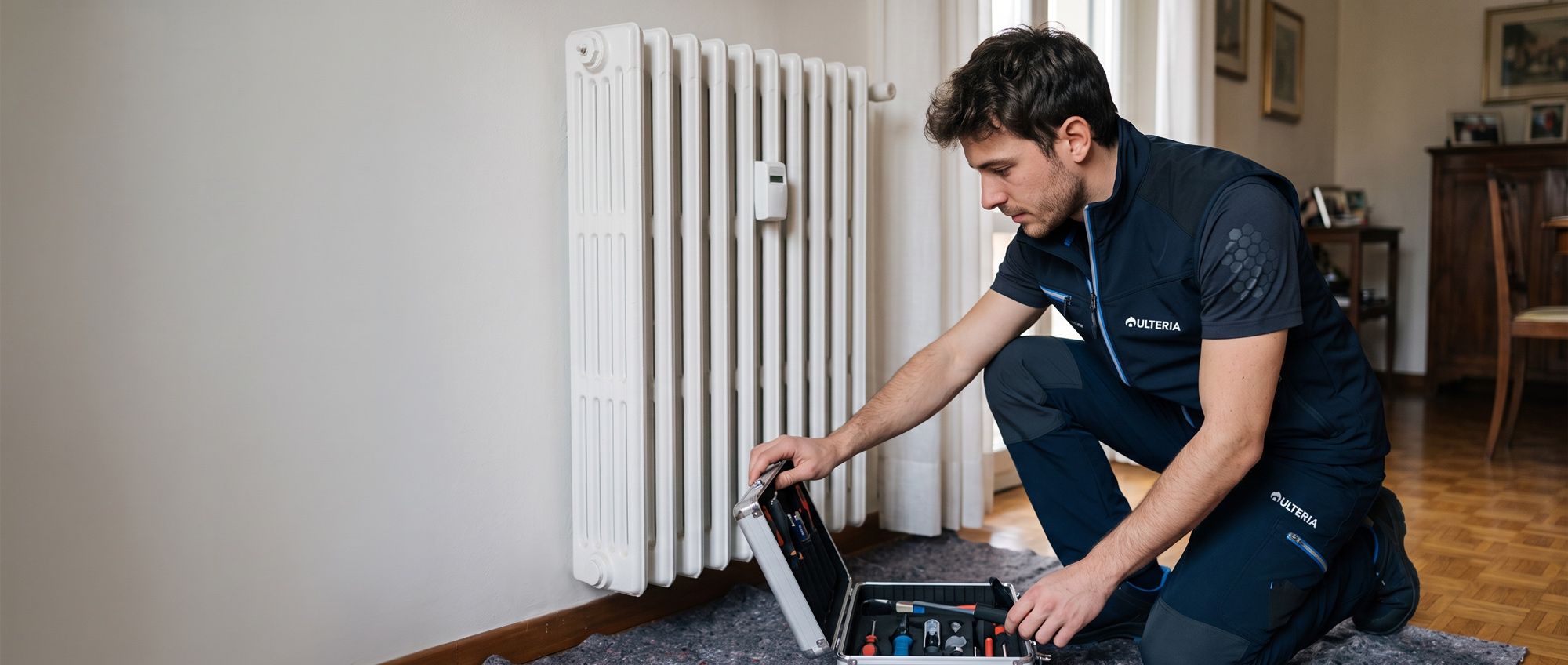 Tecnico Ulteria al lavoro sul radiatore per la sostituzione del ripartitore