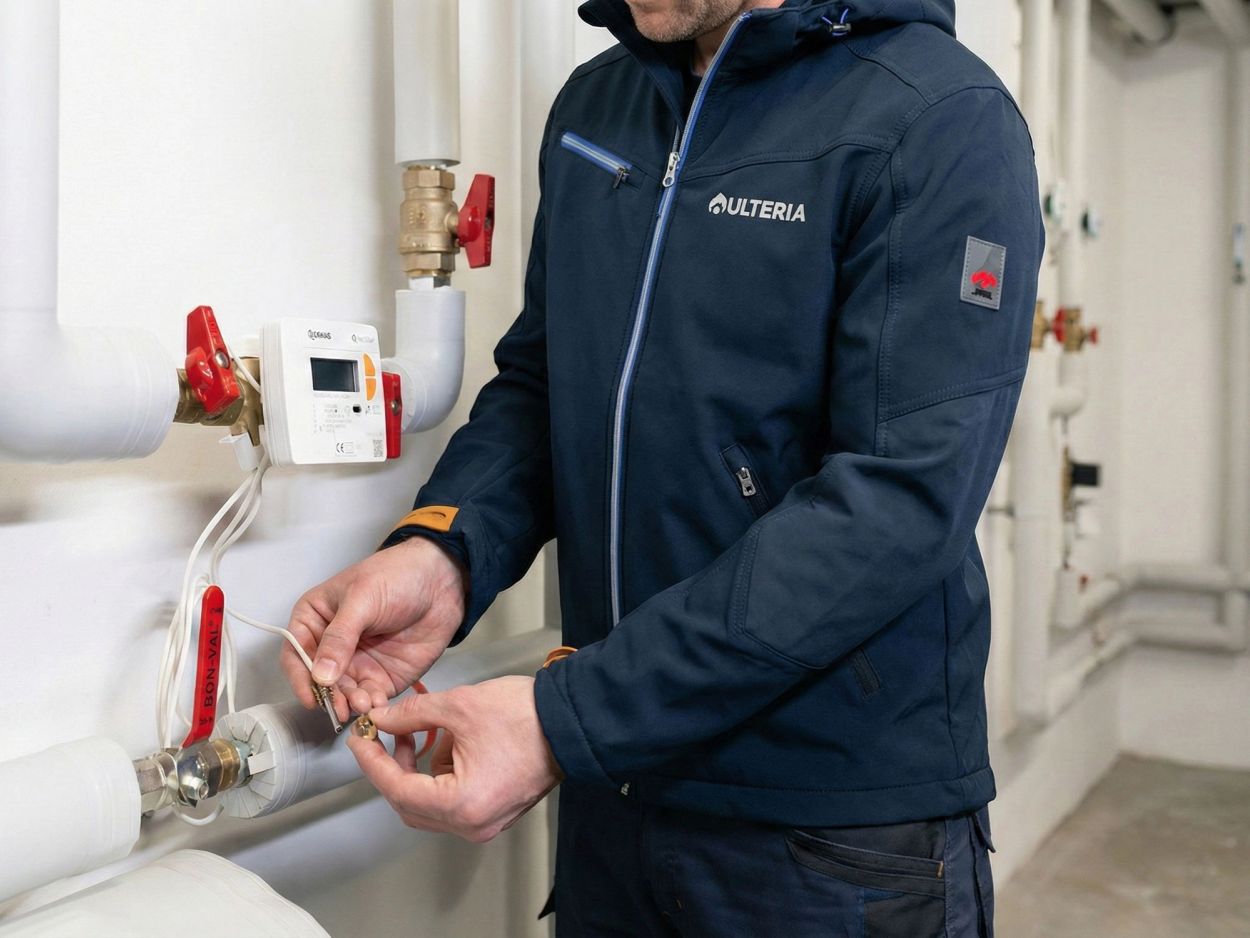 Tecnico Ulteria durante la sostituzione di un contatore di calore sulle tubazioni di distribuzione