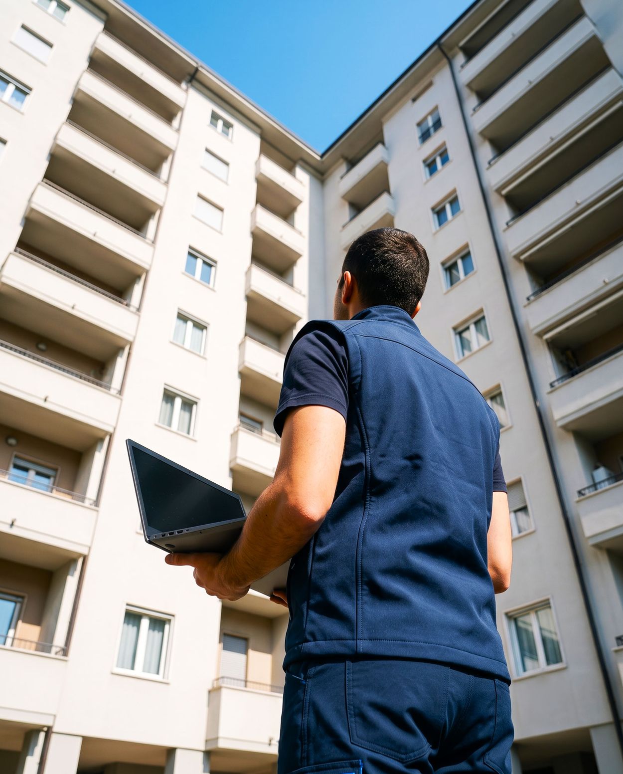 Tecnico Ulteria osserva la facciata del condominio durante il sopralluogo