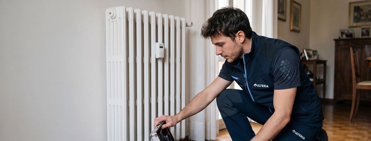 Tecnico Ulteria durante la sostituzione di un ripartitore di calore su radiatore in ghisa in appartamento