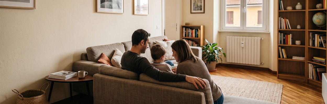 Famiglia in soggiorno vicino al radiatore, comfort del riscaldamento centralizzato