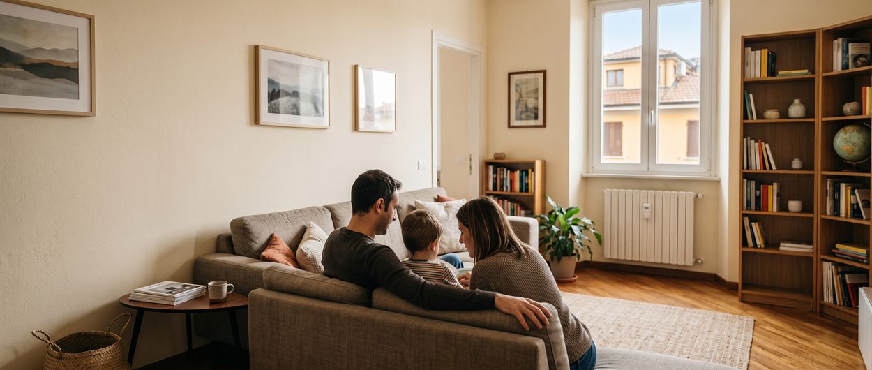 Famiglia in soggiorno vicino al radiatore, comfort del riscaldamento centralizzato
