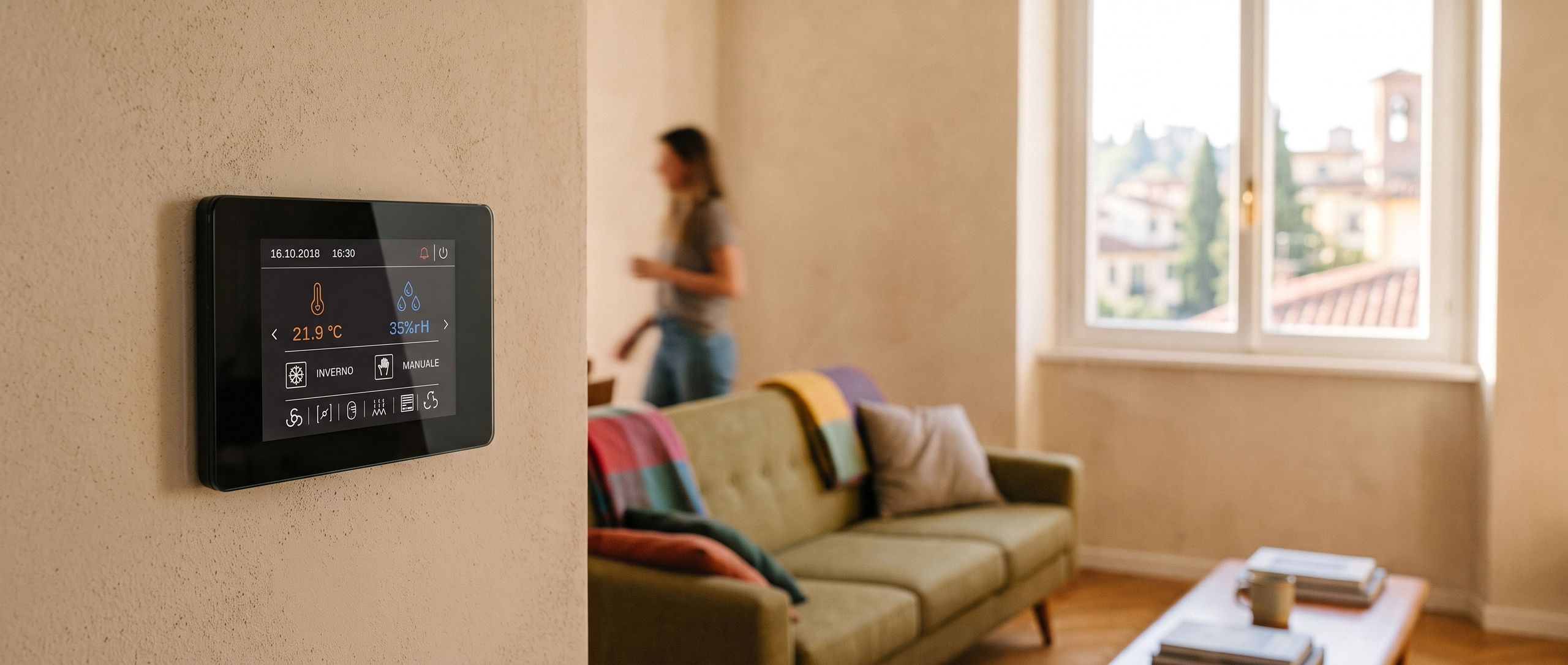 Termostato touch a parete per la regolazione ambiente in un soggiorno, con temperatura e umidità relativa dell'appartamento