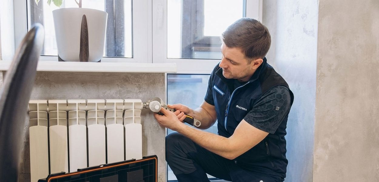 Tecnico Ulteria installa una valvola termostatica su radiatore in un appartamento condominiale