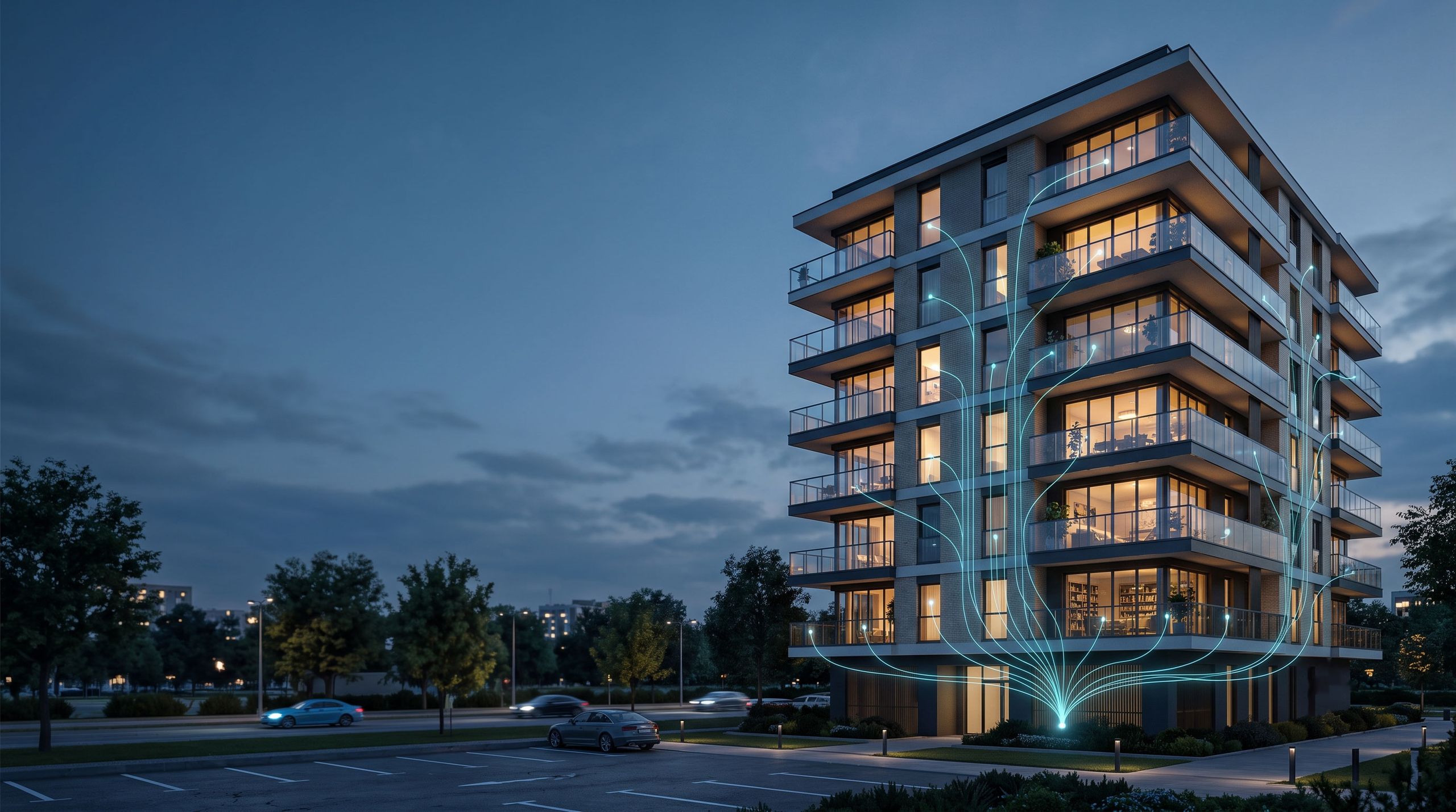 Condominio di sera con flussi di dati luminosi che convergono verso il sistema di telegestione Ulteria