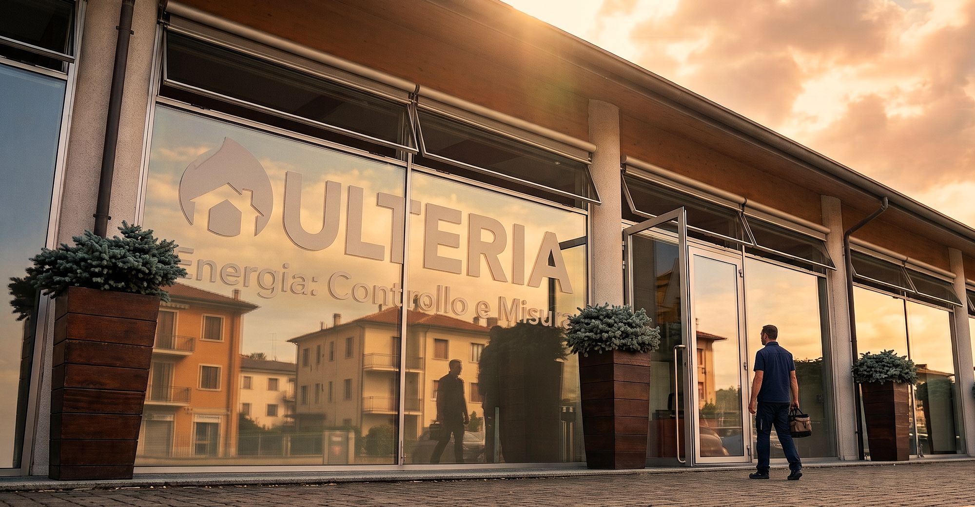 Sede Ulteria al tramonto con insegna "Energia: Controllo e Misura" sulla vetrata