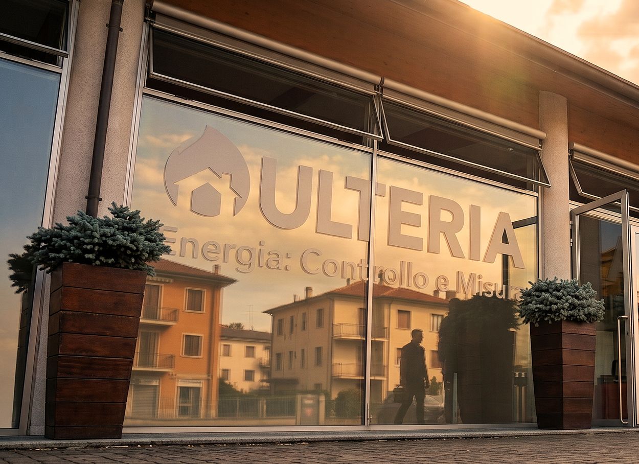 Sede Ulteria al tramonto con insegna "Energia: Controllo e Misura" sulla vetrata
