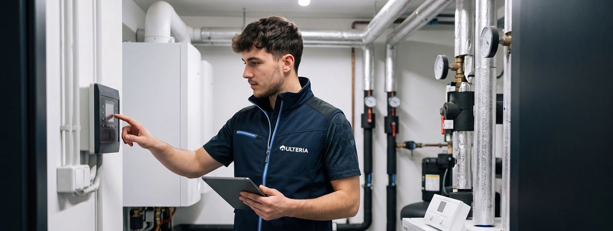 Tecnico Ulteria comanda il pannello del sistema BEMS in centrale termica
