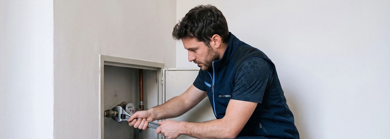Tecnico Ulteria sostituisce un contatore d'acqua nel vano contatori di un condominio
