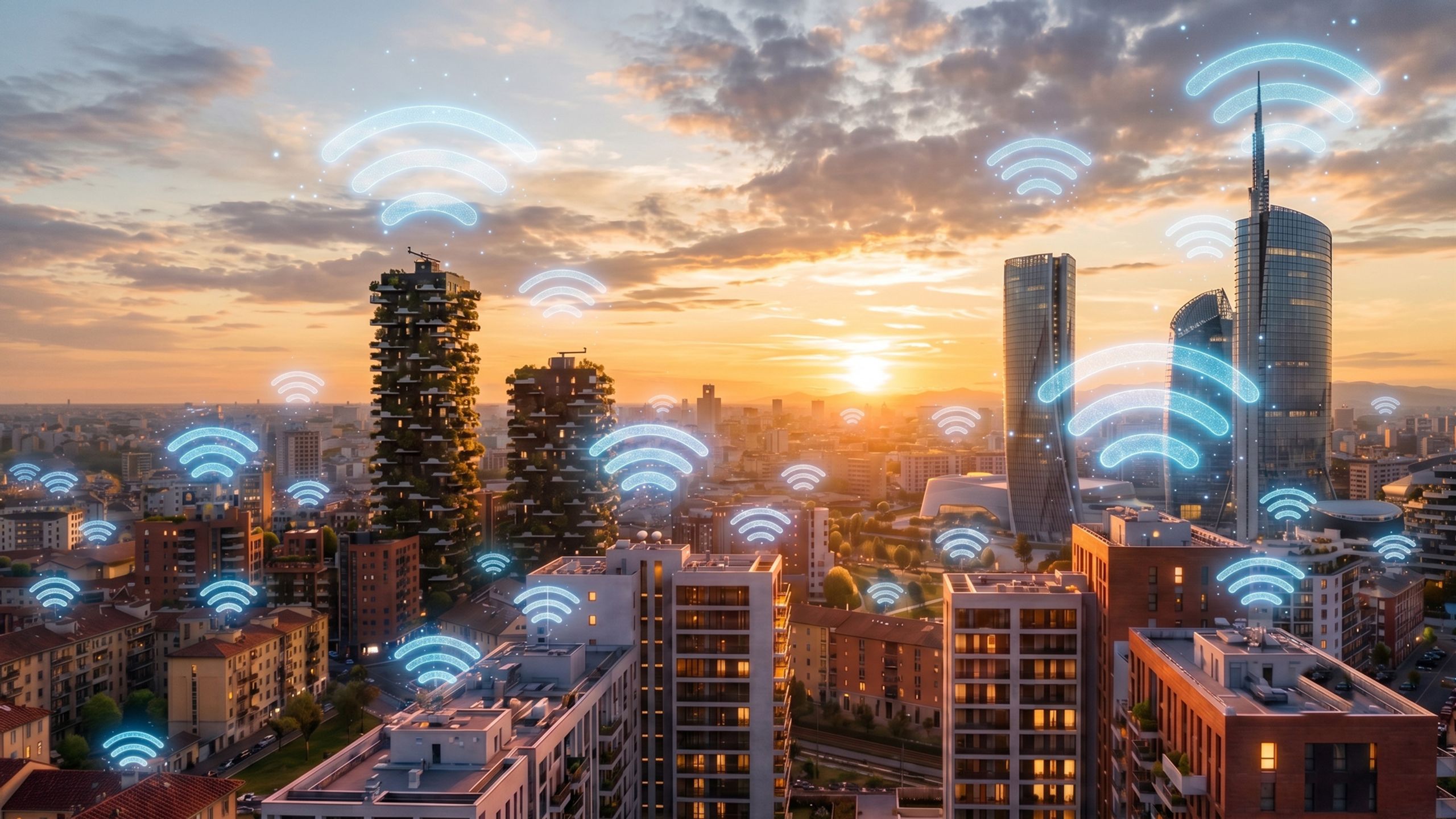 Skyline di Milano al tramonto con condomini connessi, simboli di telelettura wifi sugli edifici