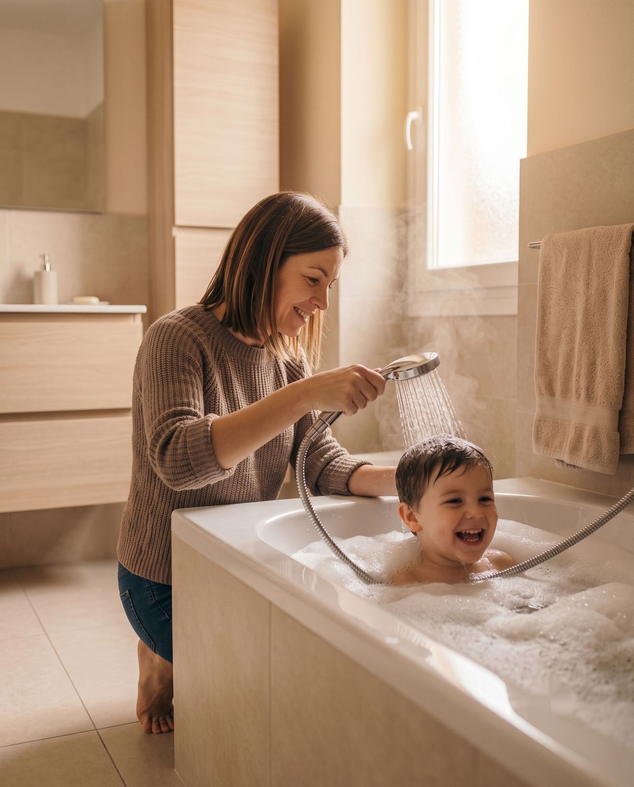 Mamma fa il bagnetto al bambino nella vasca, consumo di acqua calda sanitaria in appartamento