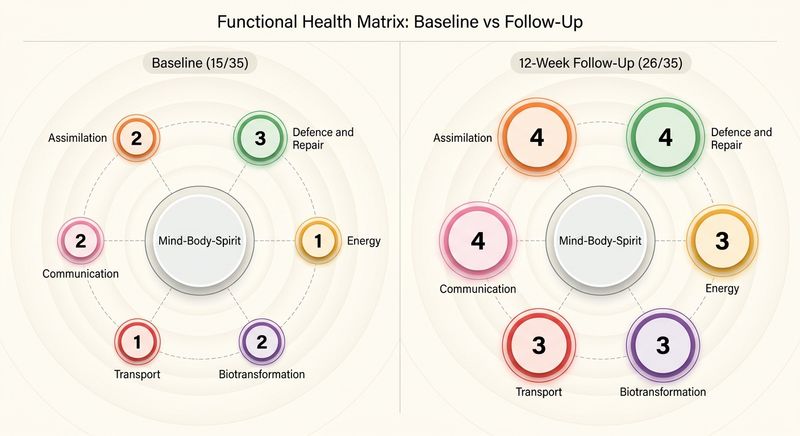 EPINUTRI Functional Health Matrix circle diagram showing baseline (15/35) vs 12-week follow-up (26/35). Central Mind-Body-Spirit hub with 6 outer nodes: Energy and Communication improved from 1/5 to 4/5.