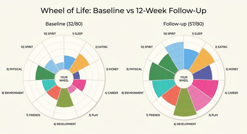 EPINUTRI Wheel of Life segmented donut chart showing baseline (32/80) vs 12-week follow-up (57/80). 10 coloured wedge segments with variable radius proportional to score. Movement and Sleep showed the largest improvements.