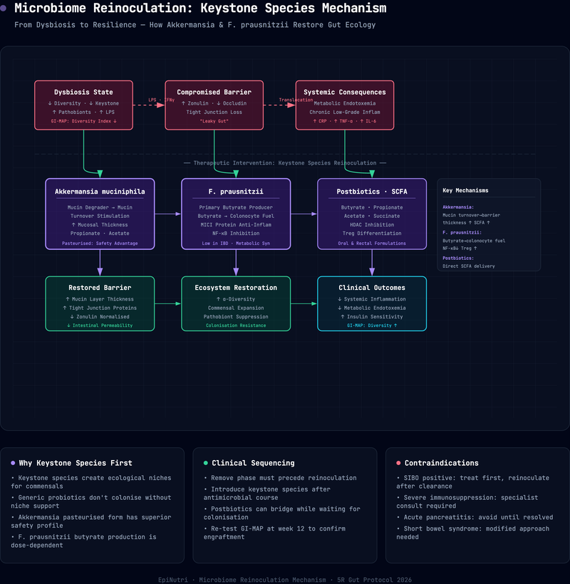 Mechanism diagram — The 5R Gut Protocol 2026 Update: Microbiome-Targeted Reinoculation and What Has Changed