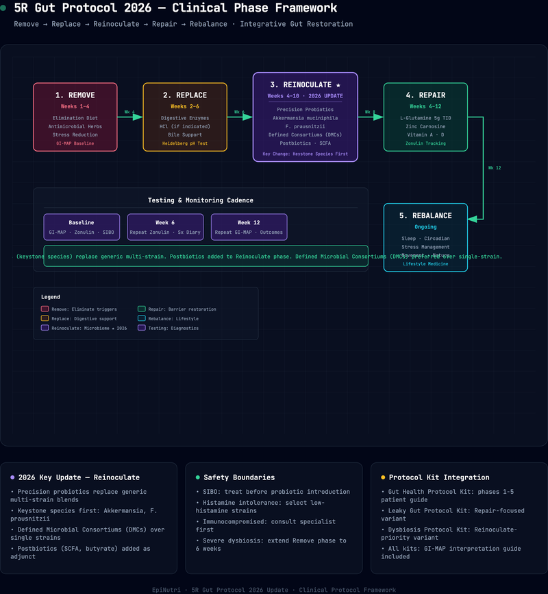 Protocol flowchart — The 5R Gut Protocol 2026 Update: Microbiome-Targeted Reinoculation and What Has Changed