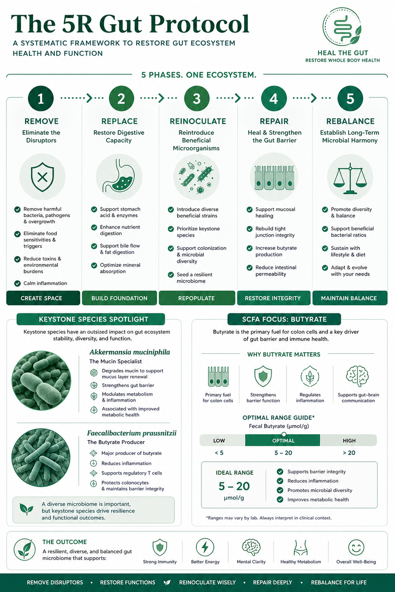 Summary infographic — The 5R Gut Protocol 2026 Update: Microbiome-Targeted Reinoculation and What Has Changed