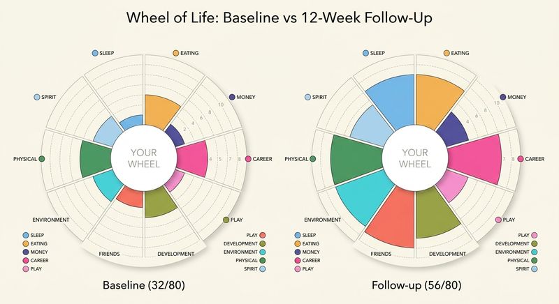 EPINUTRI Wheel of Life segmented donut chart showing Leo's baseline (32/80) vs 12-week follow-up (56/80). Sleep (+7) and Nutrition (+5) showed the largest improvements.