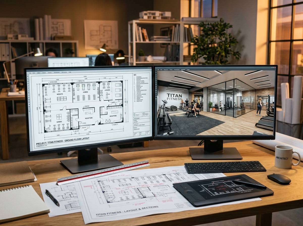 Commercial gym floor plan and 3D view