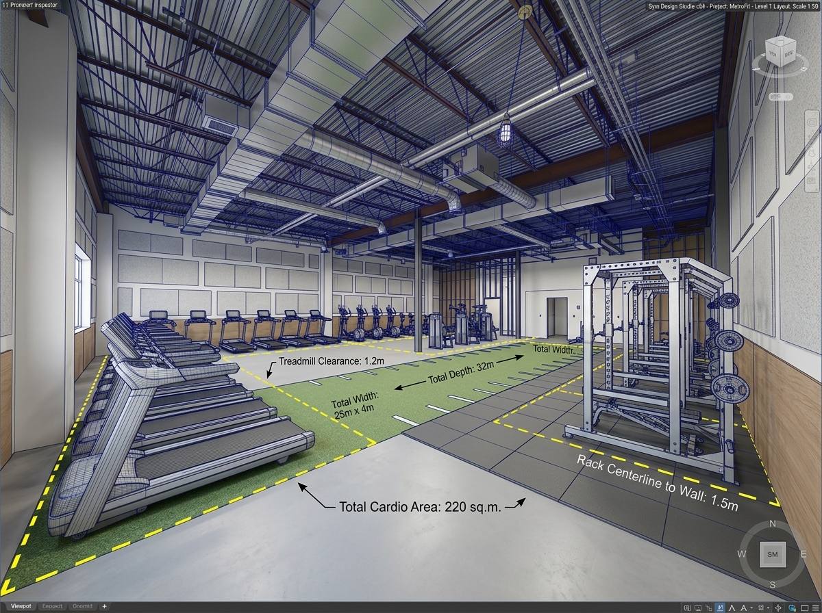 Scaled 2D CAD gym floor plan