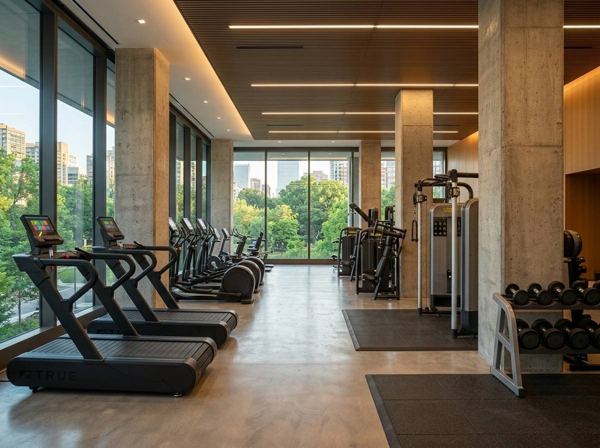 A commercial fitness room with structural columns
