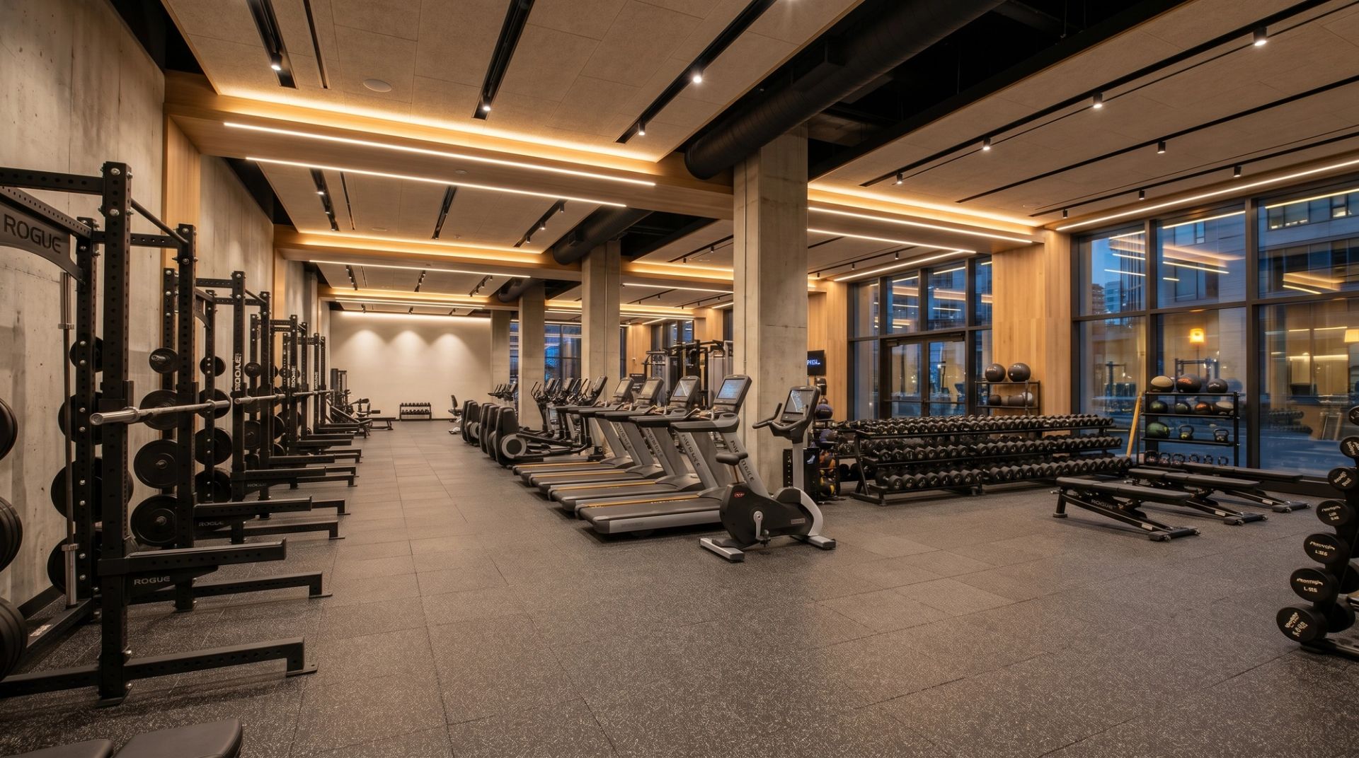 A finished commercial fitness room