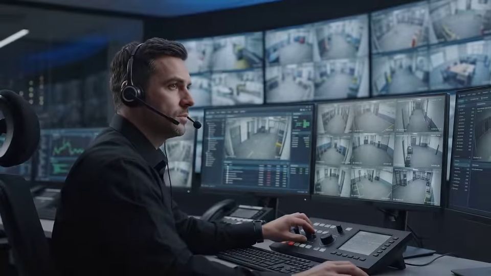 Alarm Receiving Centre controller with a headset watching live CCTV feeds