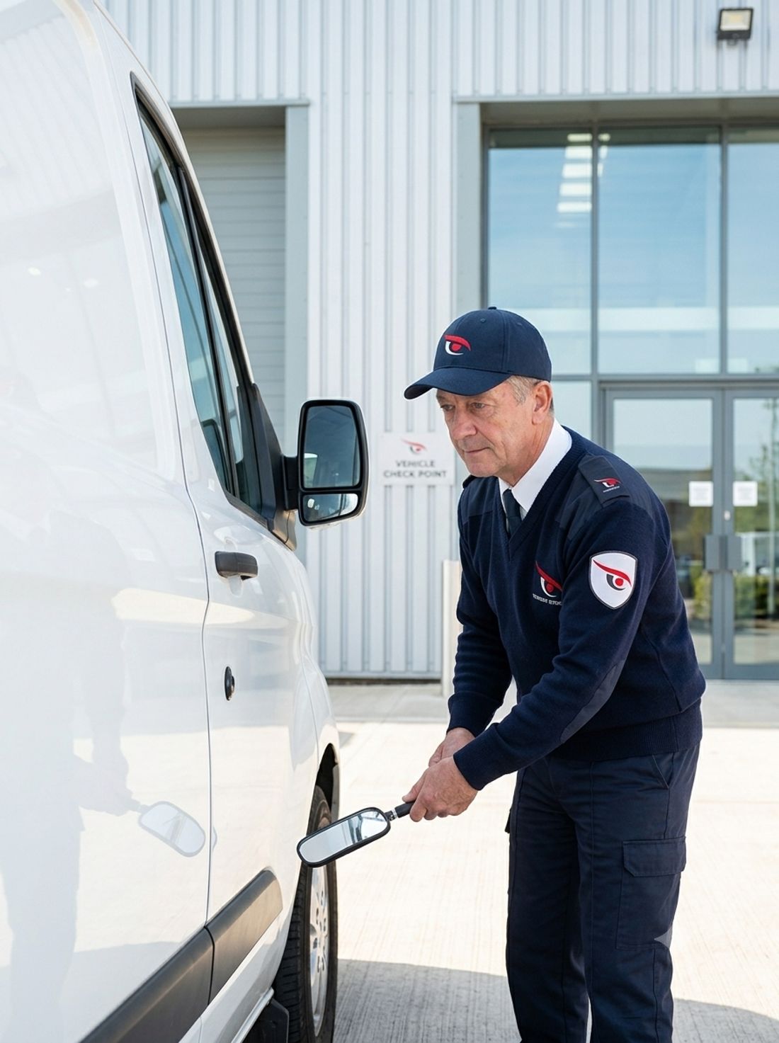 Vigilant static security guard stationed at a UK commercial site