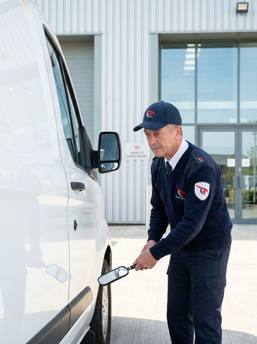 Patrol officer checking a commercial site beside a marked patrol van